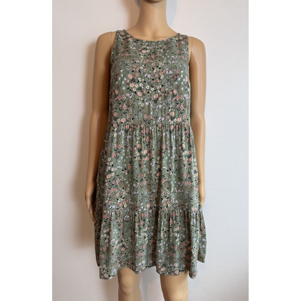 Y2K Old Navy Olive Green Floral Tiered Flowy Sleeveless Tank Swing Dress Size XS